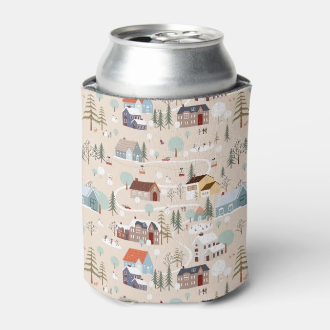 Cozy Winter Village Scene Pattern Can Cooler (Can Front)