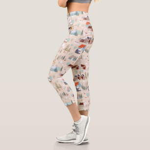 Cozy Winter Village Scene Pattern Capri Leggings