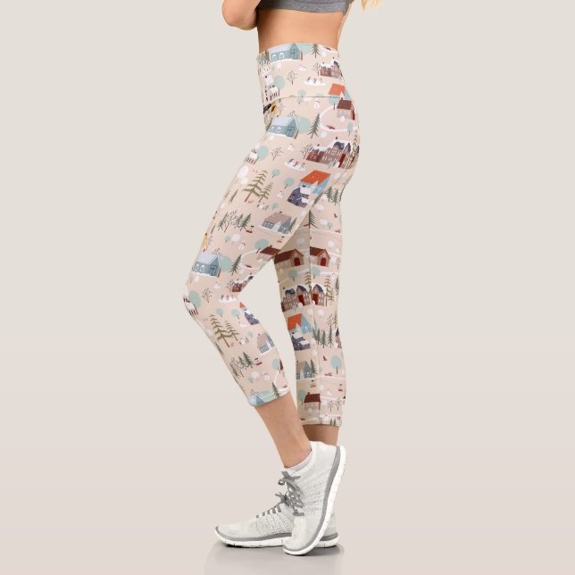Cozy Winter Village Scene Pattern Capri Leggings (Left)
