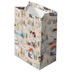 Cozy Winter Village Scene Pattern Medium Gift Bag