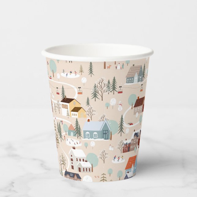 Cozy Winter Village Scene Pattern Paper Cups (Front)
