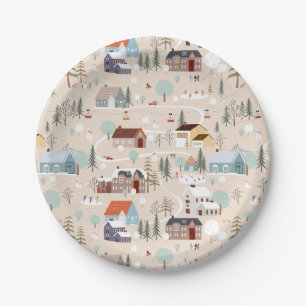 Cozy Winter Village Scene Pattern Paper Plate