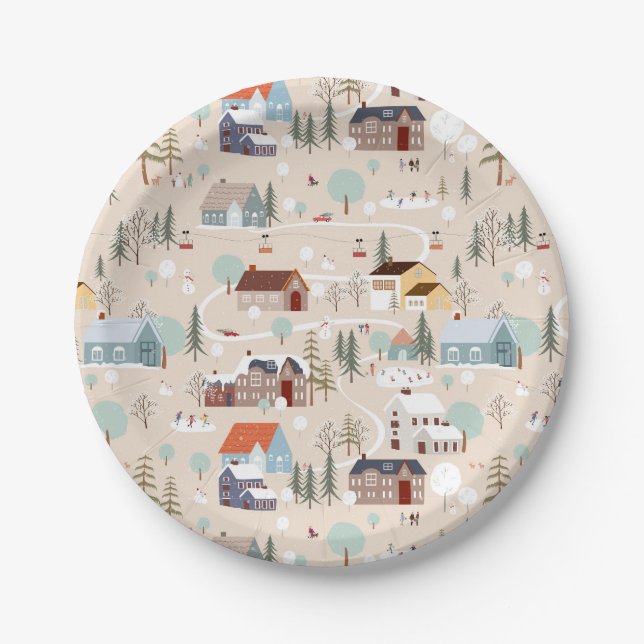 Cozy Winter Village Scene Pattern Paper Plate (Front)