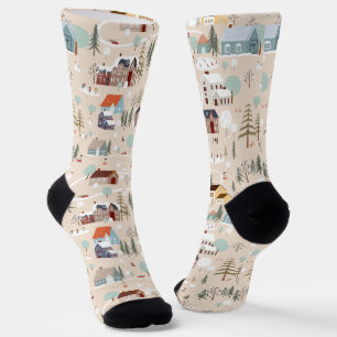 Cozy Winter Village Scene Pattern Socks