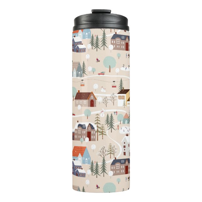 Cozy Winter Village Scene Pattern Thermal Tumbler (Front)