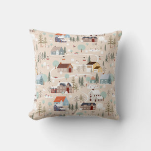 Cozy Winter Village Scene Pattern Throw Pillow