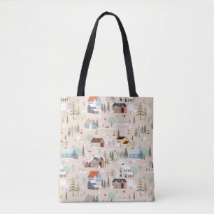 Cozy Winter Village Scene Pattern Tote Bag