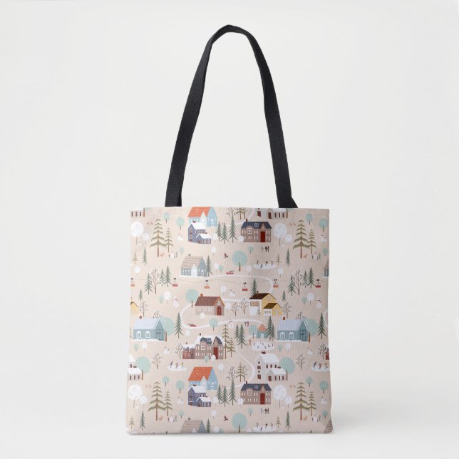 Cozy Winter Village Scene Pattern Tote Bag (Front)