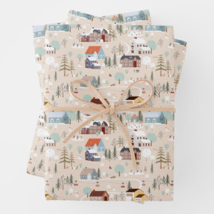 Cozy Winter Village Scene Pattern Wrapping Paper Sheet