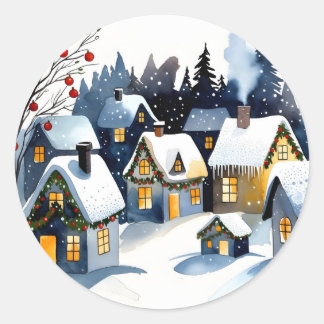 Cozy Winter Village Watercolor Christmas Classic Round Sticker