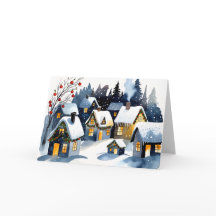 Cozy Winter Village Watercolor Christmas Greeting 