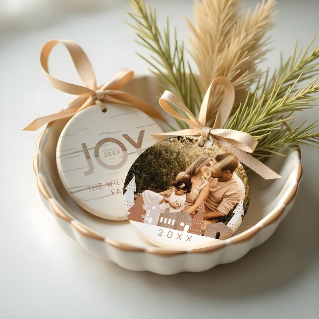 Cozy Winter Village Woodgrain Home Family Photo Ceramic Ornament (Cozy Winter Village Woodgrain Home Family Photo Ceramic Ornament)