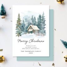 Cozy Winter Watercolor Cabin Handwritten Christmas