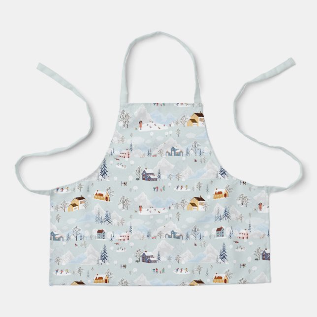 Cozy Winter Wonderland Ice Skating Village Pattern Apron (Front)