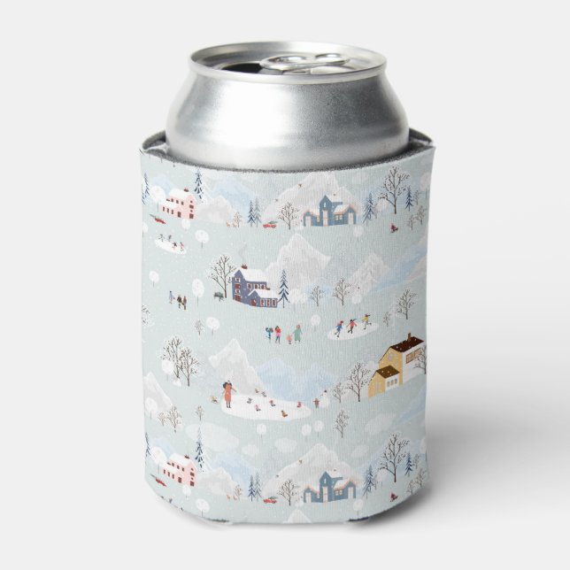 Cozy Winter Wonderland Ice Skating Village Pattern Can Cooler (Can Front)