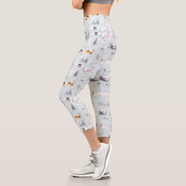 Cozy Winter Wonderland Ice Skating Village Pattern Capri Leggings (Left)