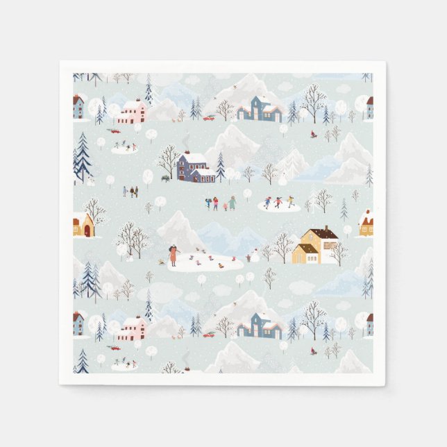 Cozy Winter Wonderland Ice Skating Village Pattern Napkin (Front)