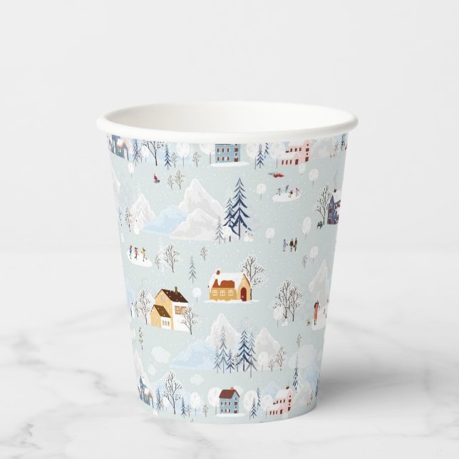 Cozy Winter Wonderland Ice Skating Village Pattern Paper Cups (Front)