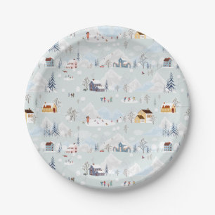 Cozy Winter Wonderland Ice Skating Village Pattern Paper Plate