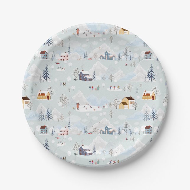 Cozy Winter Wonderland Ice Skating Village Pattern Paper Plate (Front)