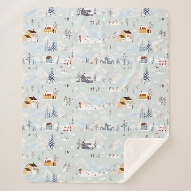 Cozy Winter Wonderland Ice Skating Village Pattern Sherpa Blanket (Front)