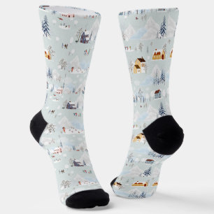 Cozy Winter Wonderland Ice Skating Village Pattern Socks