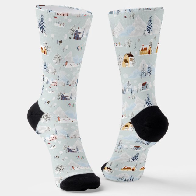Cozy Winter Wonderland Ice Skating Village Pattern Socks (Angled)