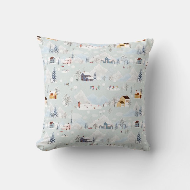 Cozy Winter Wonderland Ice Skating Village Pattern Throw Pillow (Front)