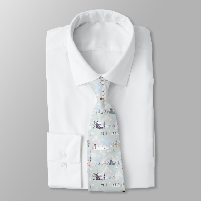 Cozy Winter Wonderland Ice Skating Village Pattern Tie (Tied)