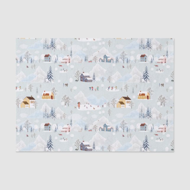 Cozy Winter Wonderland Ice Skating Village Pattern Tissue Paper (Front)
