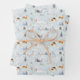 Cozy Winter Wonderland Ice Skating Village Pattern Wrapping Paper Sheet