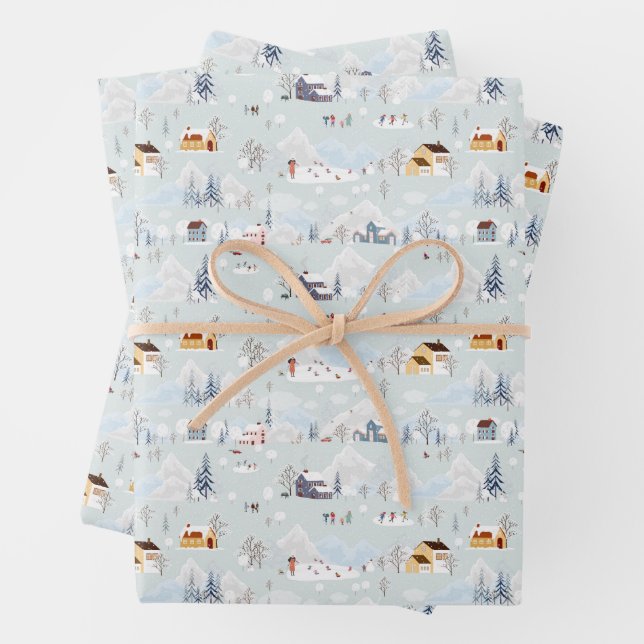 Cozy Winter Wonderland Ice Skating Village Pattern Wrapping Paper Sheet (In situ)