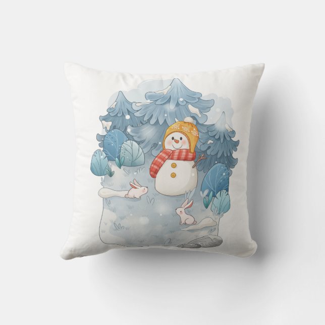 Cozy Winter Wonderland Snowman Throw Pillow (Back)