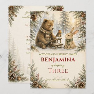 Cozy Winter Woodland Animals Birthday Celebration Invitation