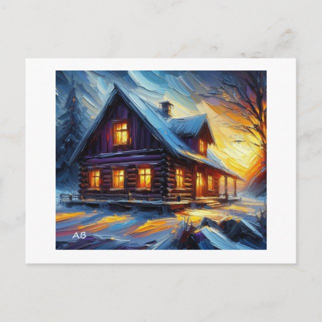 Cozy Winterf Cabin at Sunset,  Postcard (Front)