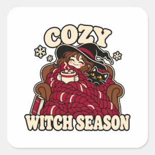 Cozy Witch Season Blanket Cat Square Sticker