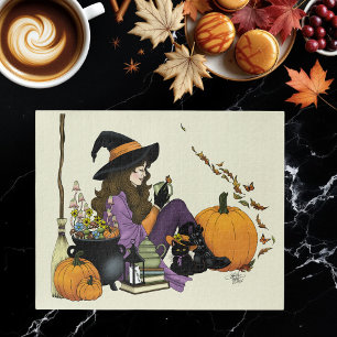 Cozy Witch Vibes Halloween Pumpkins Purple Jigsaw Puzzle