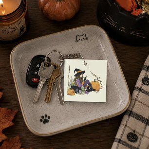 Cozy Witch Vibes Halloween Pumpkins Purple Keychain