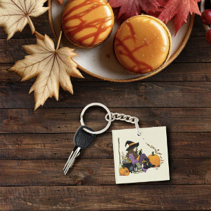 Cozy Witch Vibes Halloween Pumpkins Purple Keychain