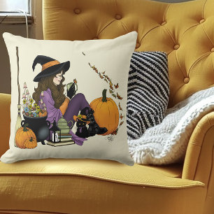 Cozy Witch Vibes Halloween Pumpkins Purple Throw Pillow