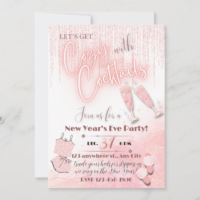 Cozy with Cocktails New Years PJ Party Invitation (Front)