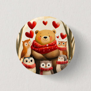 Cozy Woodland Bear Owl Family Winter Love 1 Inch Round Button