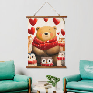 Cozy Woodland Bear Owl Family Winter Love Hanging Tapestry