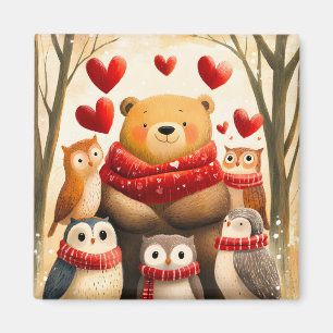Cozy Woodland Bear Owl Family Winter Love Magnet