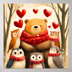 Cozy Woodland Bear Owl Family Winter Love Poster