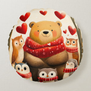 Cozy Woodland Bear Owl Family Winter Love Round Pillow