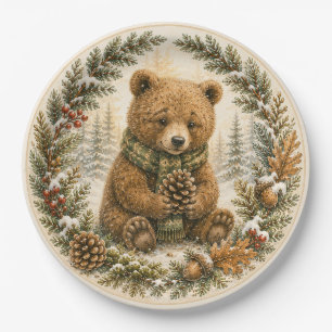 Cozy Woodland Bear Winter Birthday Paper Plate