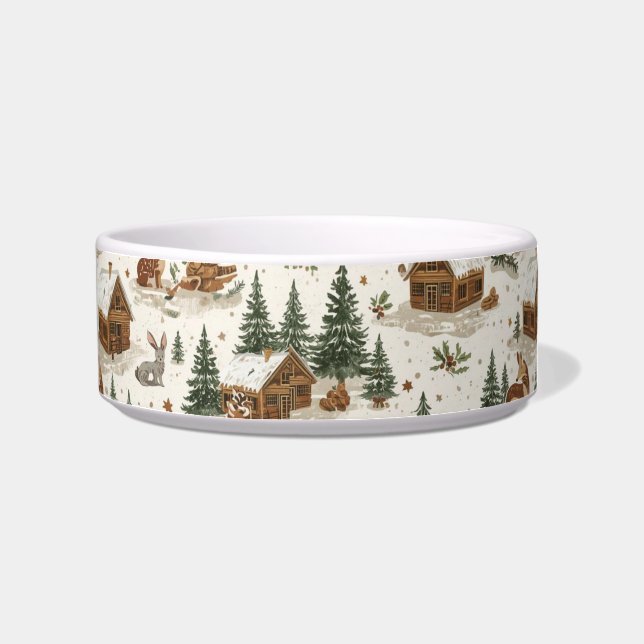 Cozy Woodland Cabin Cat Bowl – Rabbits, Pine Trees (Right)