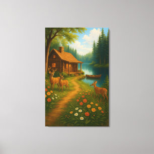 Cozy Woodland Cabin With Deer Stretched Canvas Print