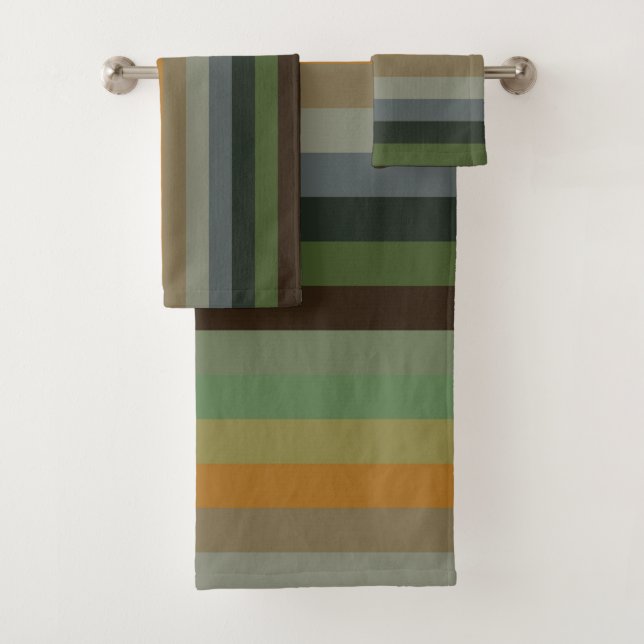 Cozy Woodland Earth Tone Stripe Pattern Bath Towel Set (Insitu)